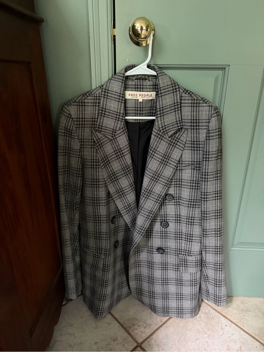 Free People Gray Plaid Double-Breasted Blazer